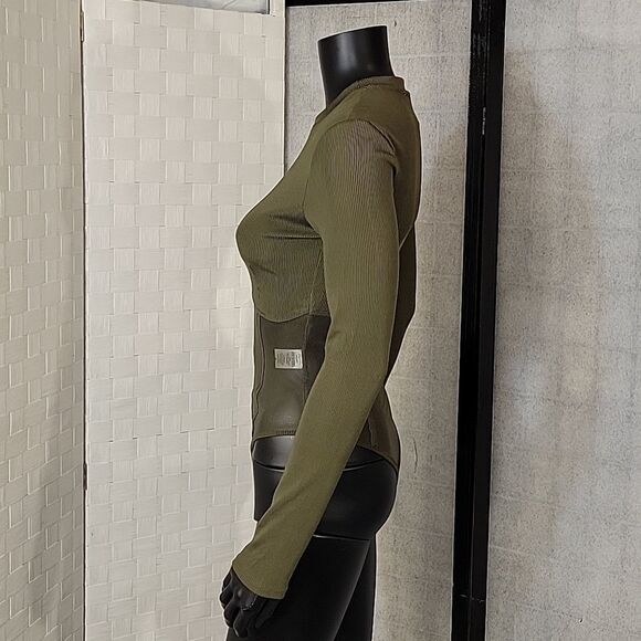 BRAND NEW LONG SLEEVES MESH INSERT HIGH NECK SOLID SHEER THONG SNAP BODYSUIT - Picture 5 of 15